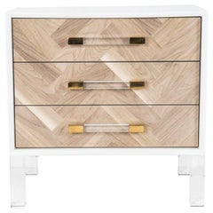 Modern Bleached Walnut Herringbone Side Table, Lucite Legs and Pulls, White case
