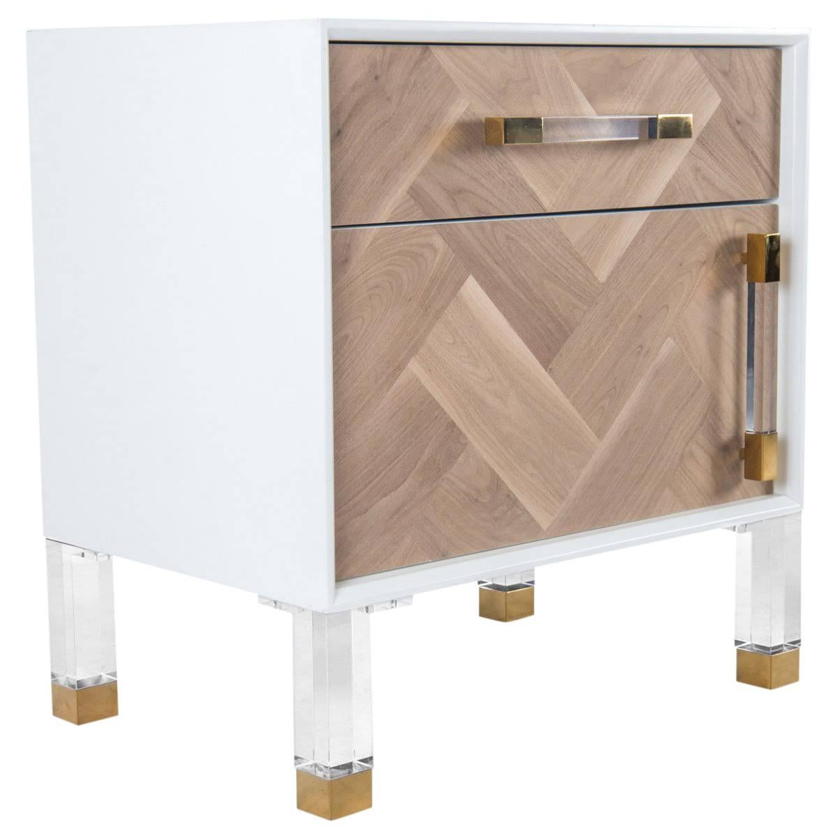 Modern Bleached Walnut Herringbone Side Table with Brass & Lucite Legs and Pulls