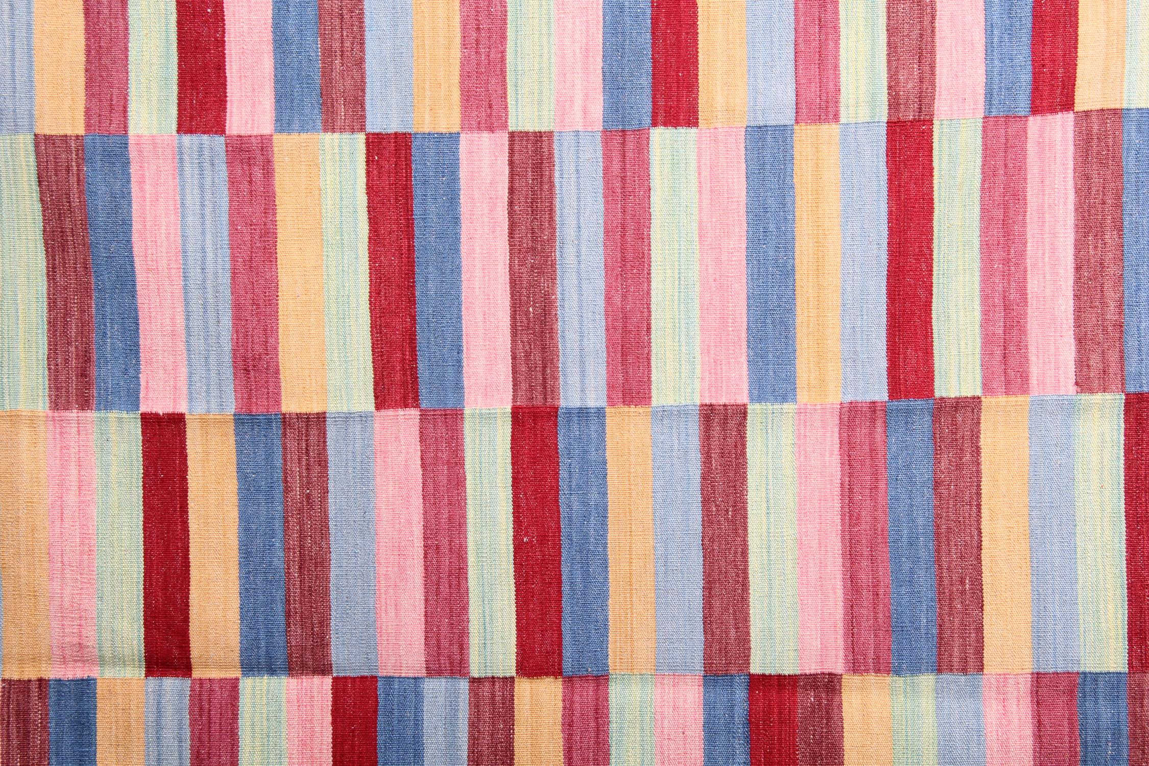 Hollywood Regency Modern Block Colour Wool Kilim Handmade Striped Area Rug
