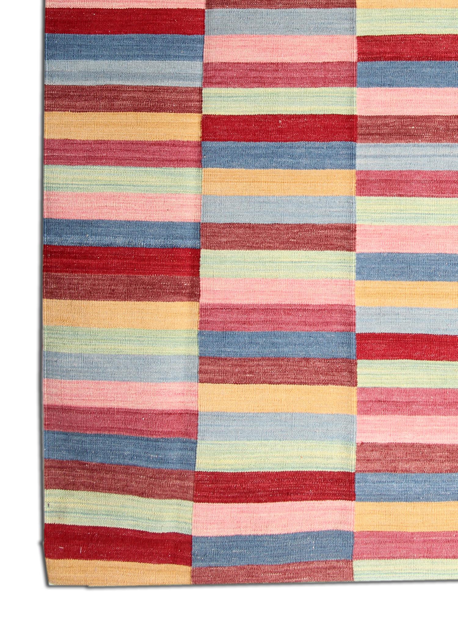 Hand-Knotted Modern Block Colour Wool Kilim Handmade Striped Area Rug