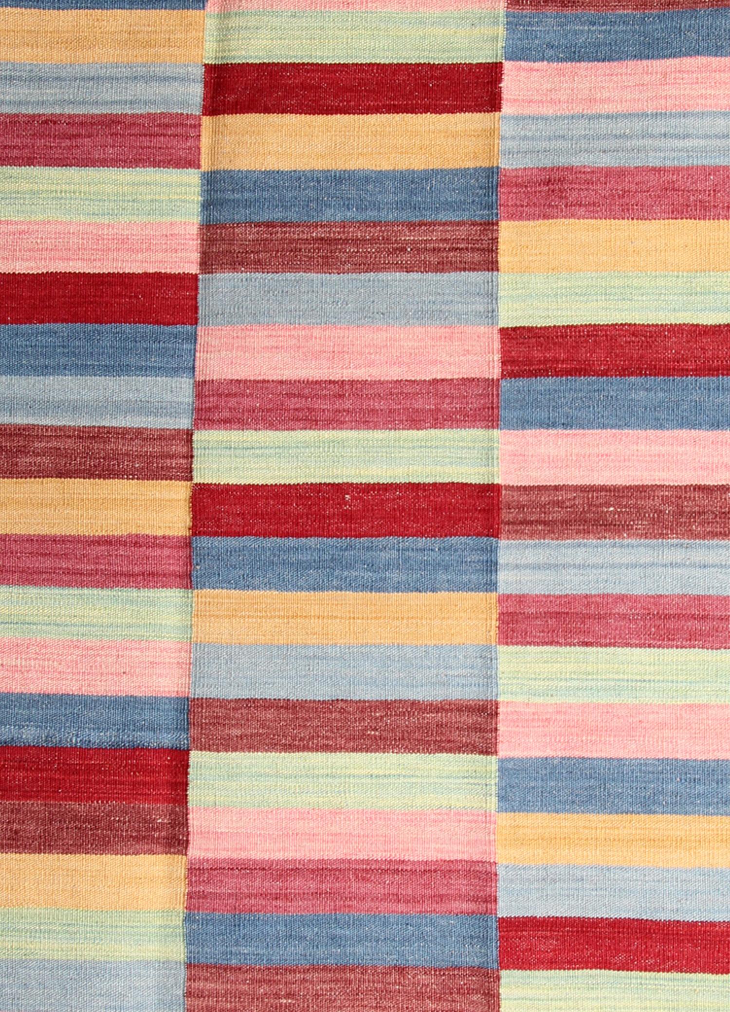 Modern Block Colour Wool Kilim Handmade Striped Area Rug In Excellent Condition In Hampshire, GB