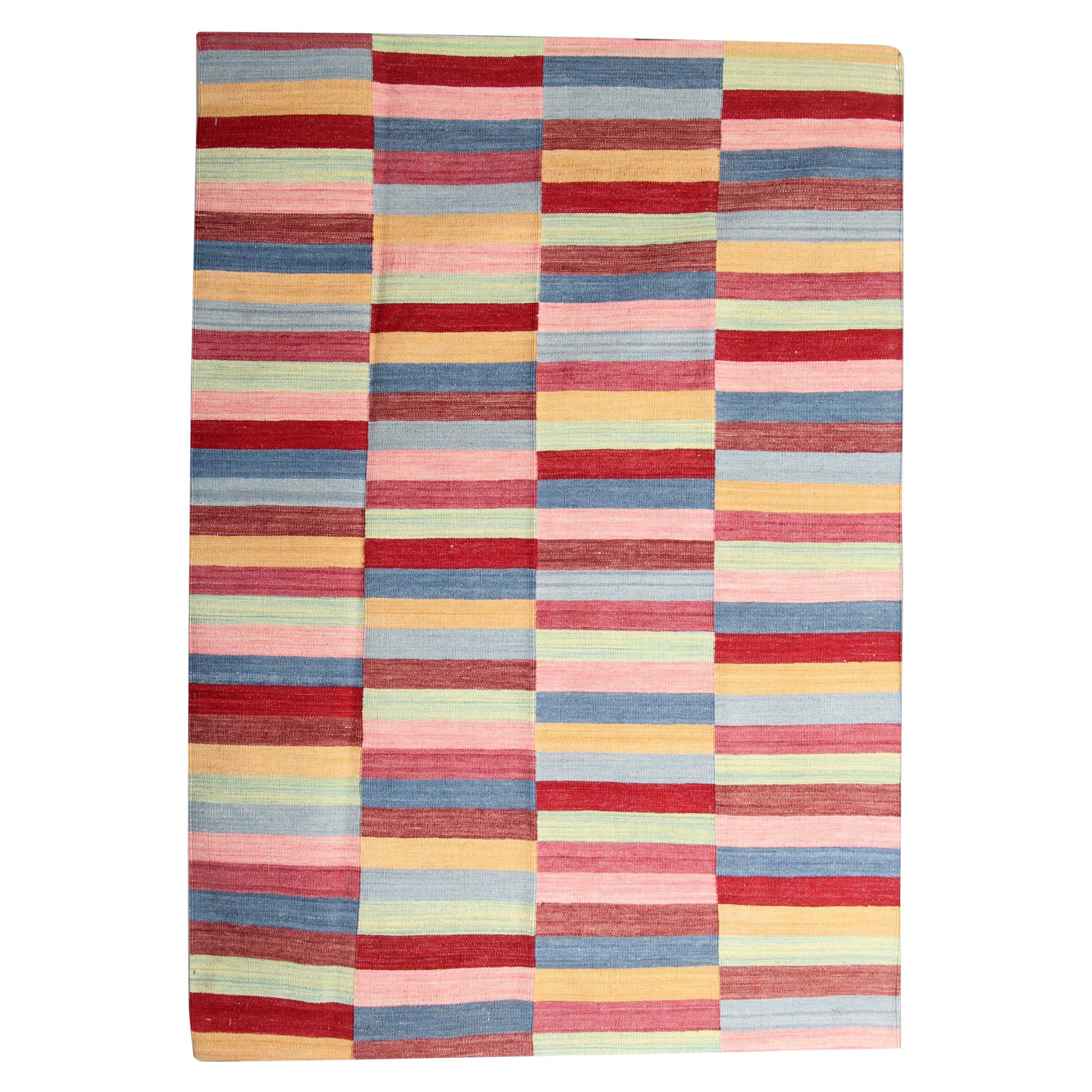 Modern Block Colour Wool Kilim Handmade Striped Area Rug