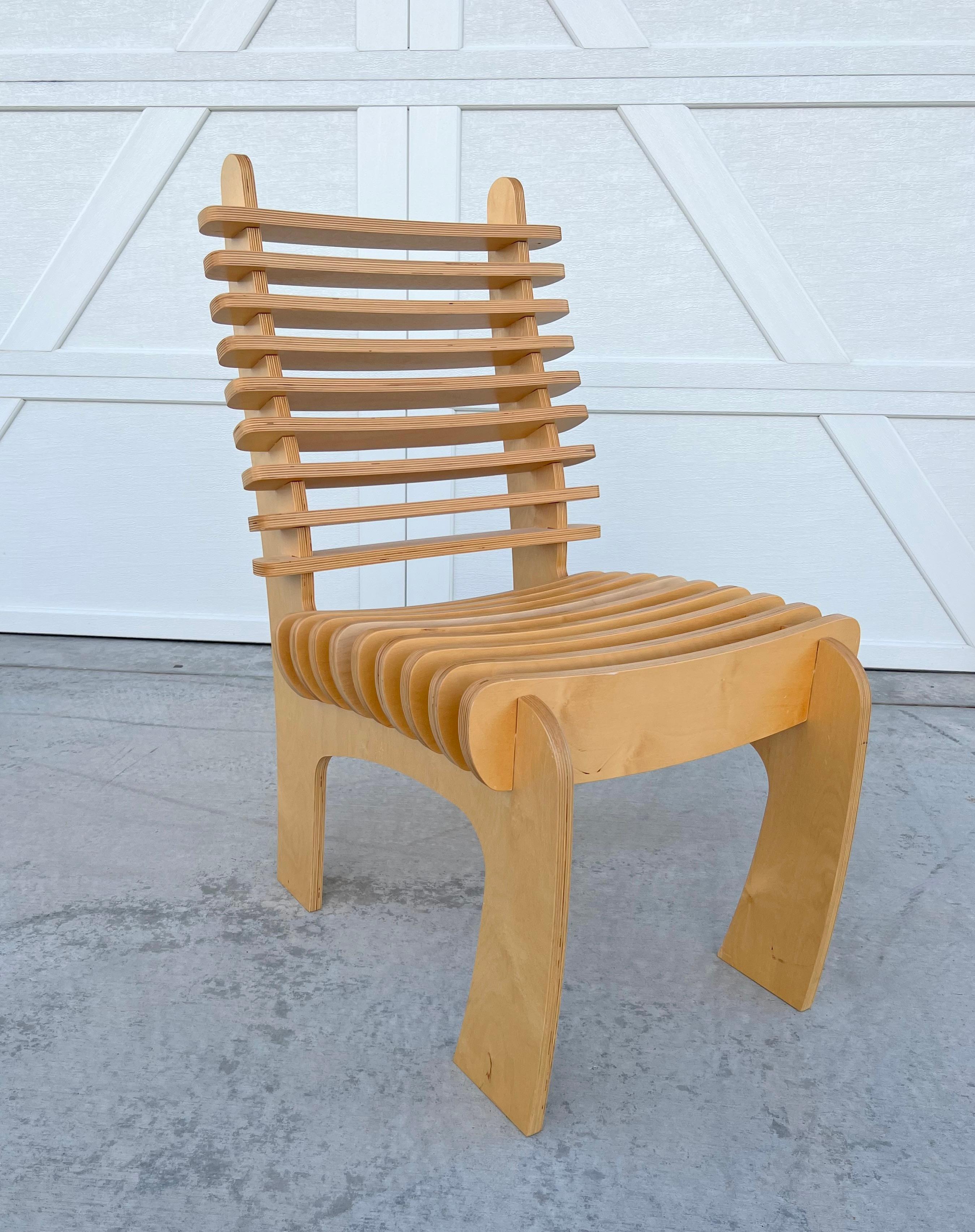 Hand-Crafted Modern Blond Plywood Minimalist Slat Side Chair Art Architectural Piece For Sale