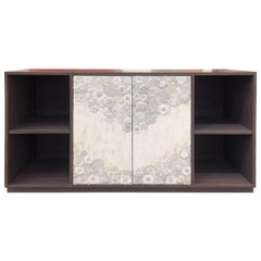 Modern Blossom Glass Credenza with Black Walnut and Platform Base by Ercole Home