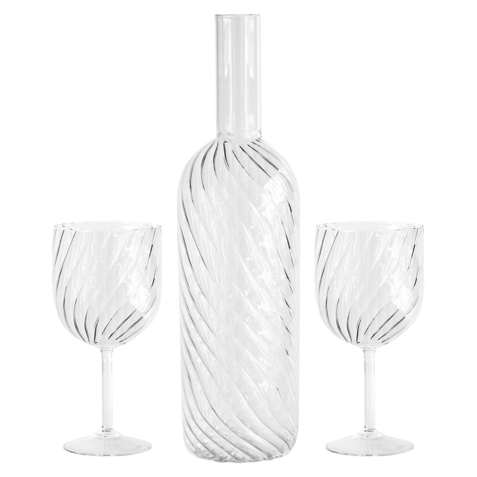 „Dafne-Flaschenflasche mit 2 Gläsern“ aus geblasenem Glas, 21. Jahrhundert