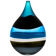 Modern Blown Glass Vase, 6 Banded Blue Flat Teardrop by Siemon & Salazar