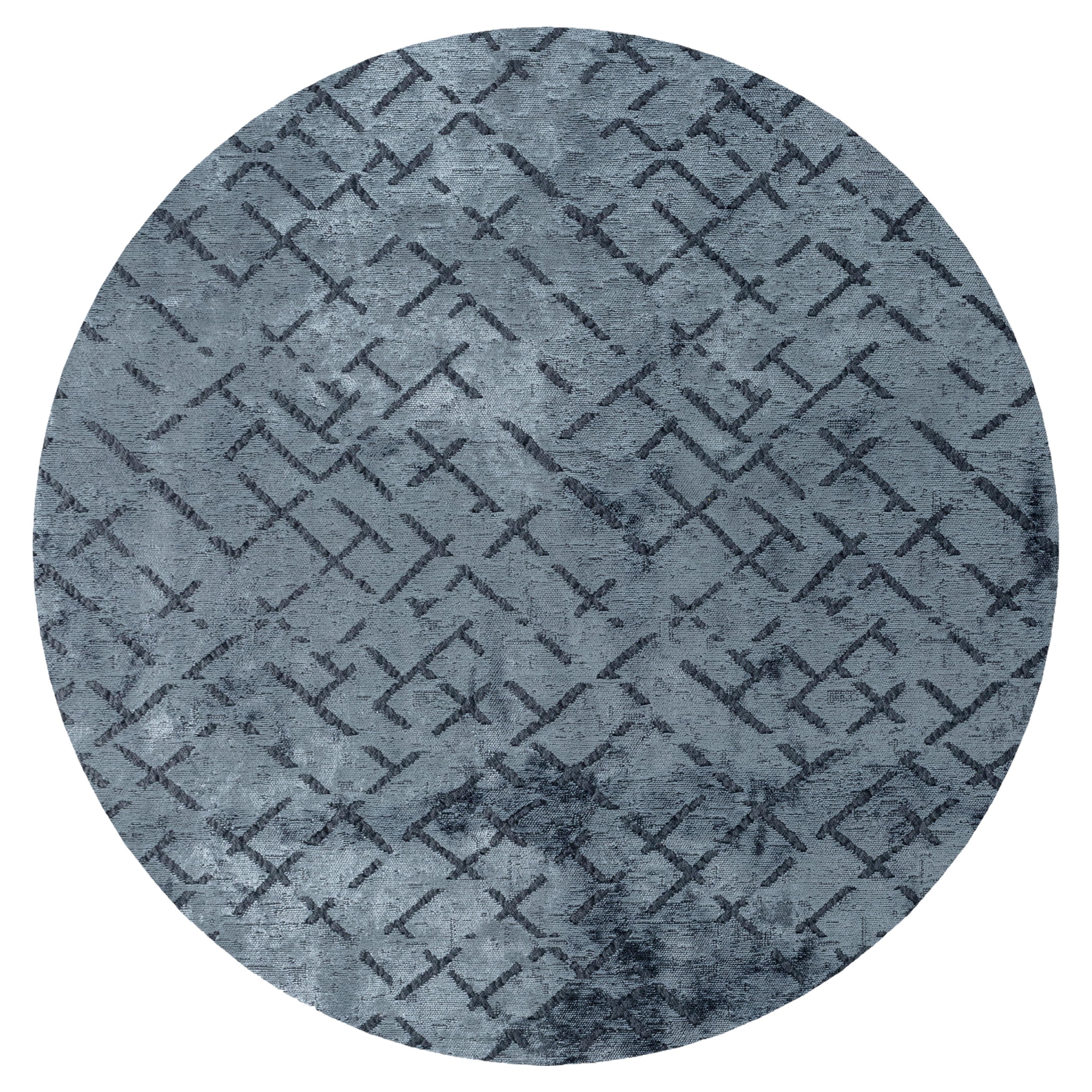 Modern Blue Abstract Repeat Pattern Luxury Area Round Rug For Sale