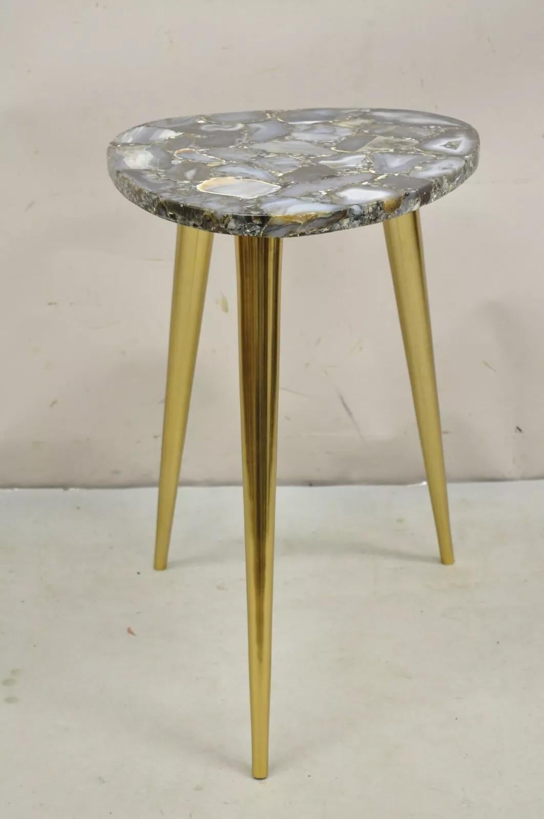 Modern Blue Agate Specimen Stone Side Table w/ Brass Tapered Legs Made in India 1