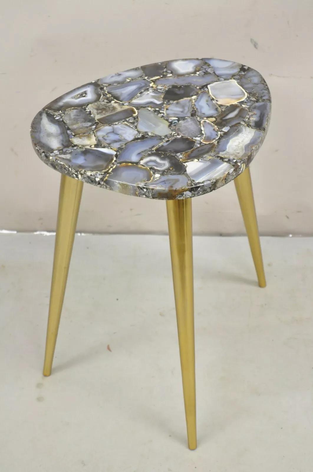 Modern Blue Agate Specimen Stone Side Table w/ Brass Tapered Legs Made in India 2