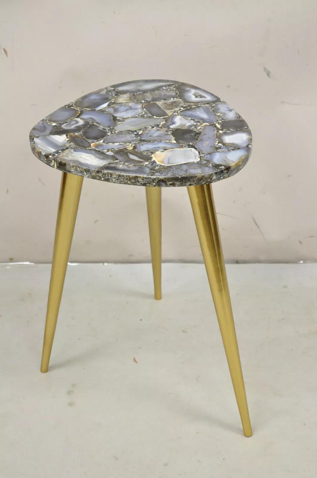 Modern Blue Agate Specimen Stone Side Table w/ Brass Tapered Legs Made in India 4