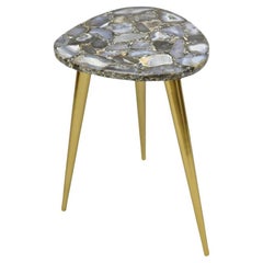 Modern Blue Agate Specimen Stone Side Table w/ Brass Tapered Legs Made in India