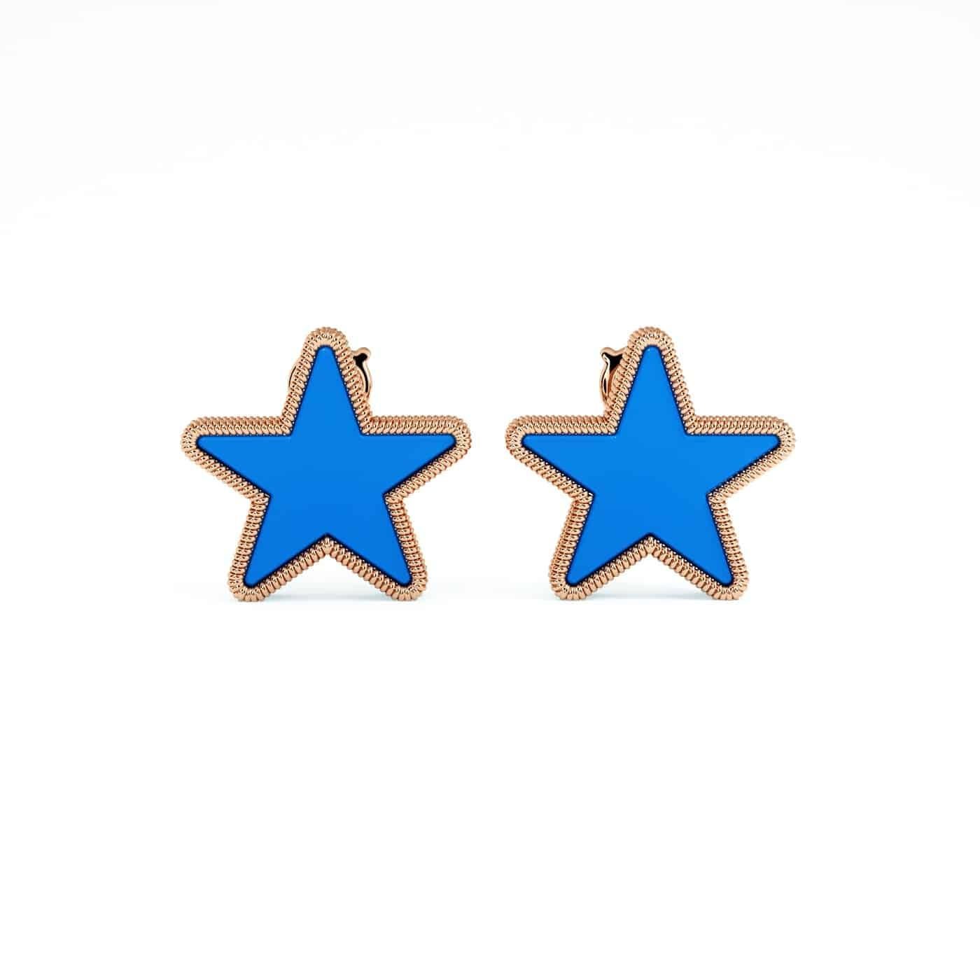 Mixed Cut Modern Blue Agate Star Earrings Set in 18K Gold For Sale