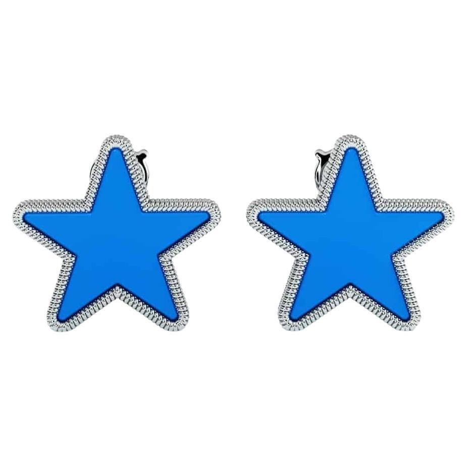 Boucles d'oreilles modernes en étoile en agate bleue serties d'or 18K en vente
