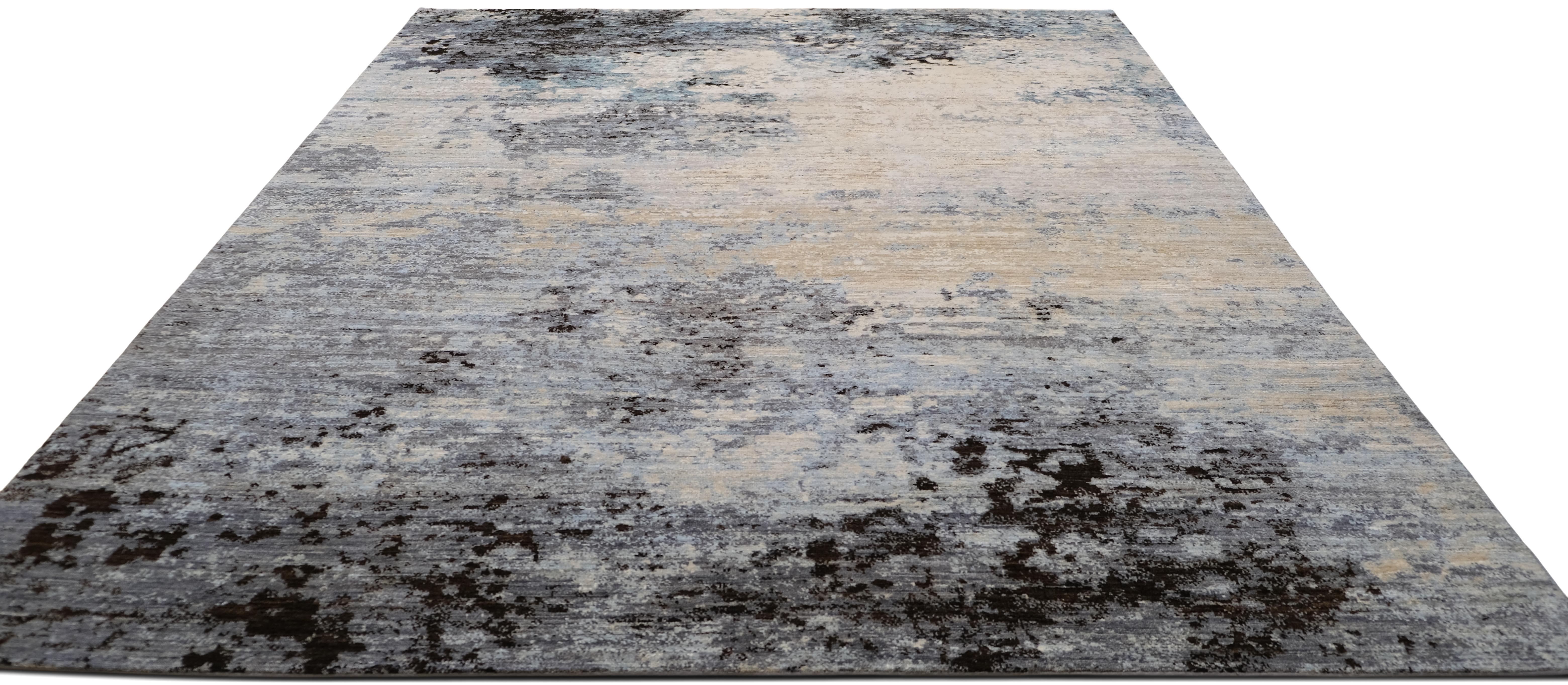 Alfombra Abstracta Moderna Azul y Beige de Lana y Seda 7'10''x10' Moderno en venta