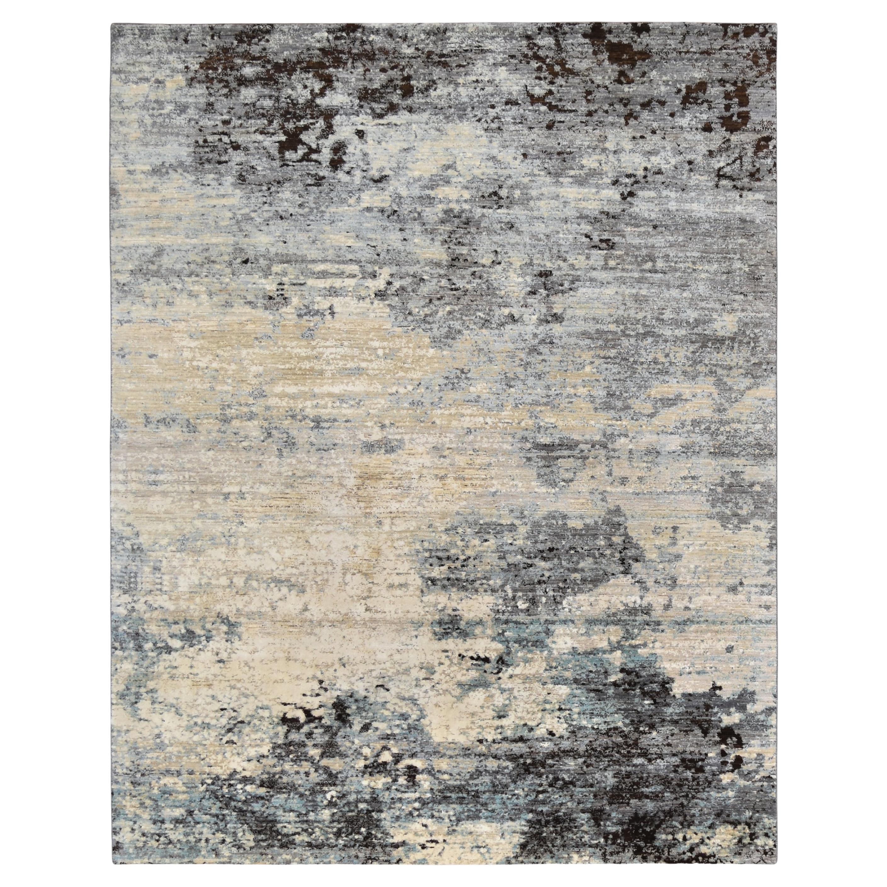 Tapis moderne abstrait en laine et soie bleu et beige 7'10''x10'