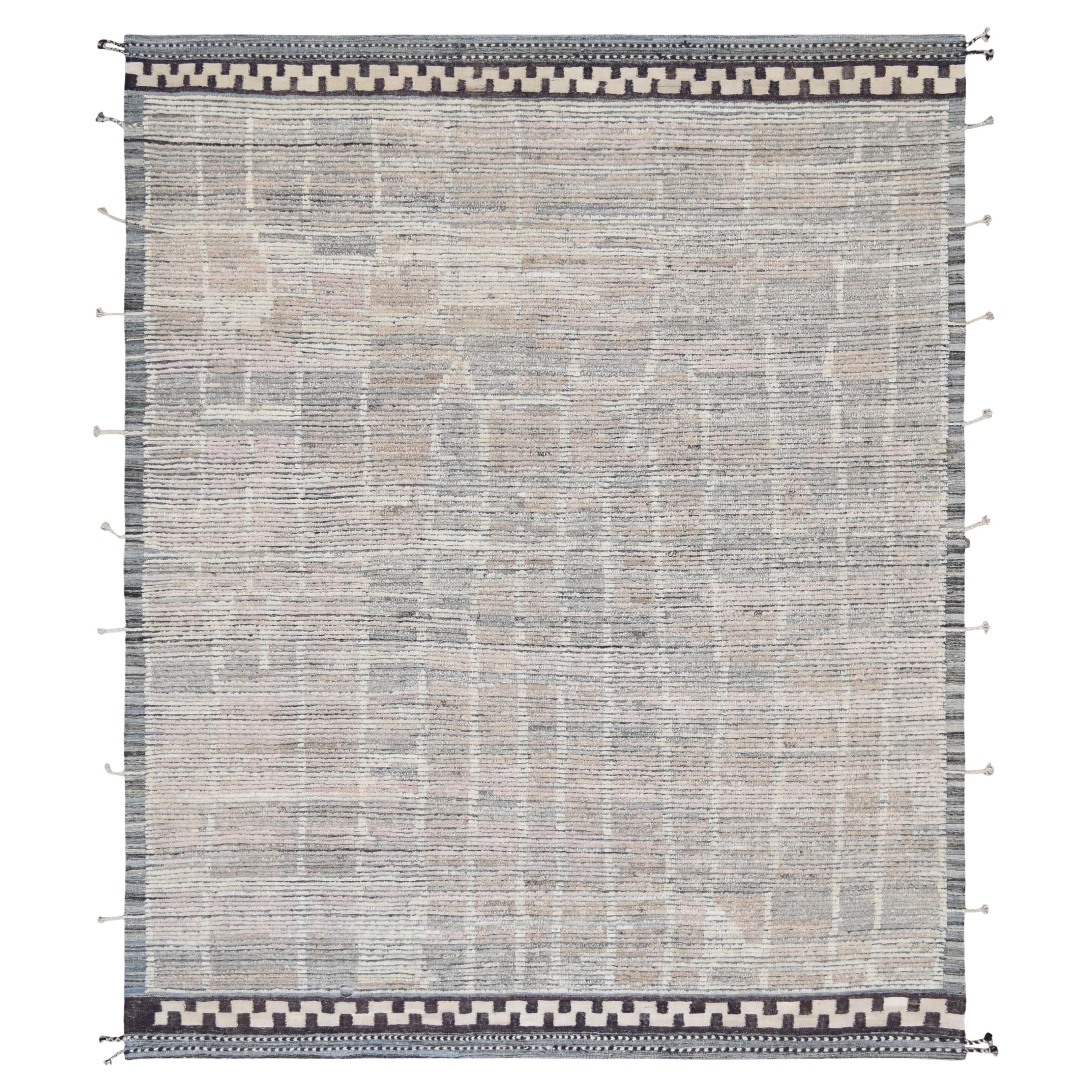 Tapis moderne bordé de laine bleu et rose beige géométrique 9'4''x11'4''