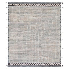 Tapis moderne bordé de laine bleu et rose beige géométrique 9'4''x11'4''