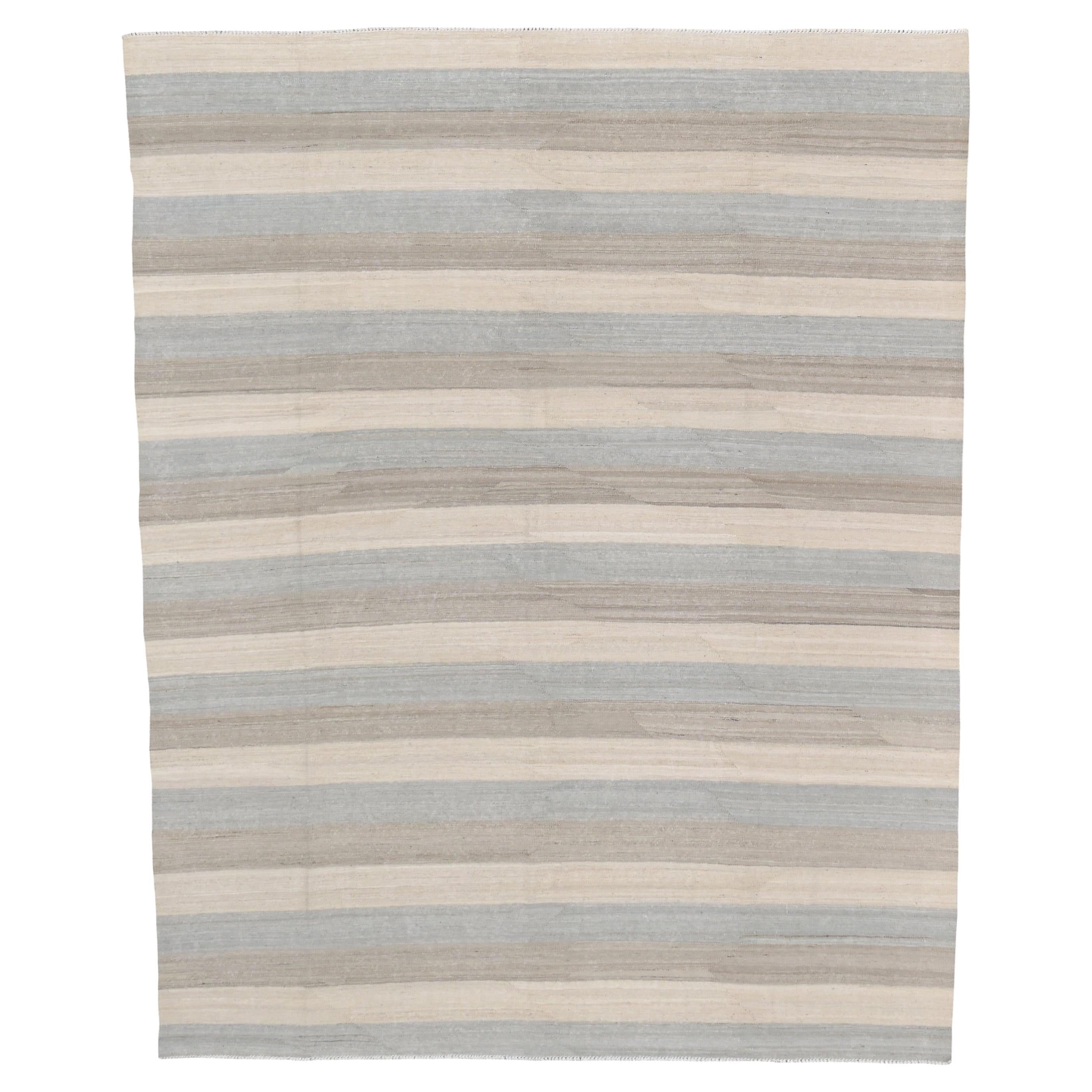 Modern Blue and Beige Striped Wool Kilim Rug 7'10''x9'10''