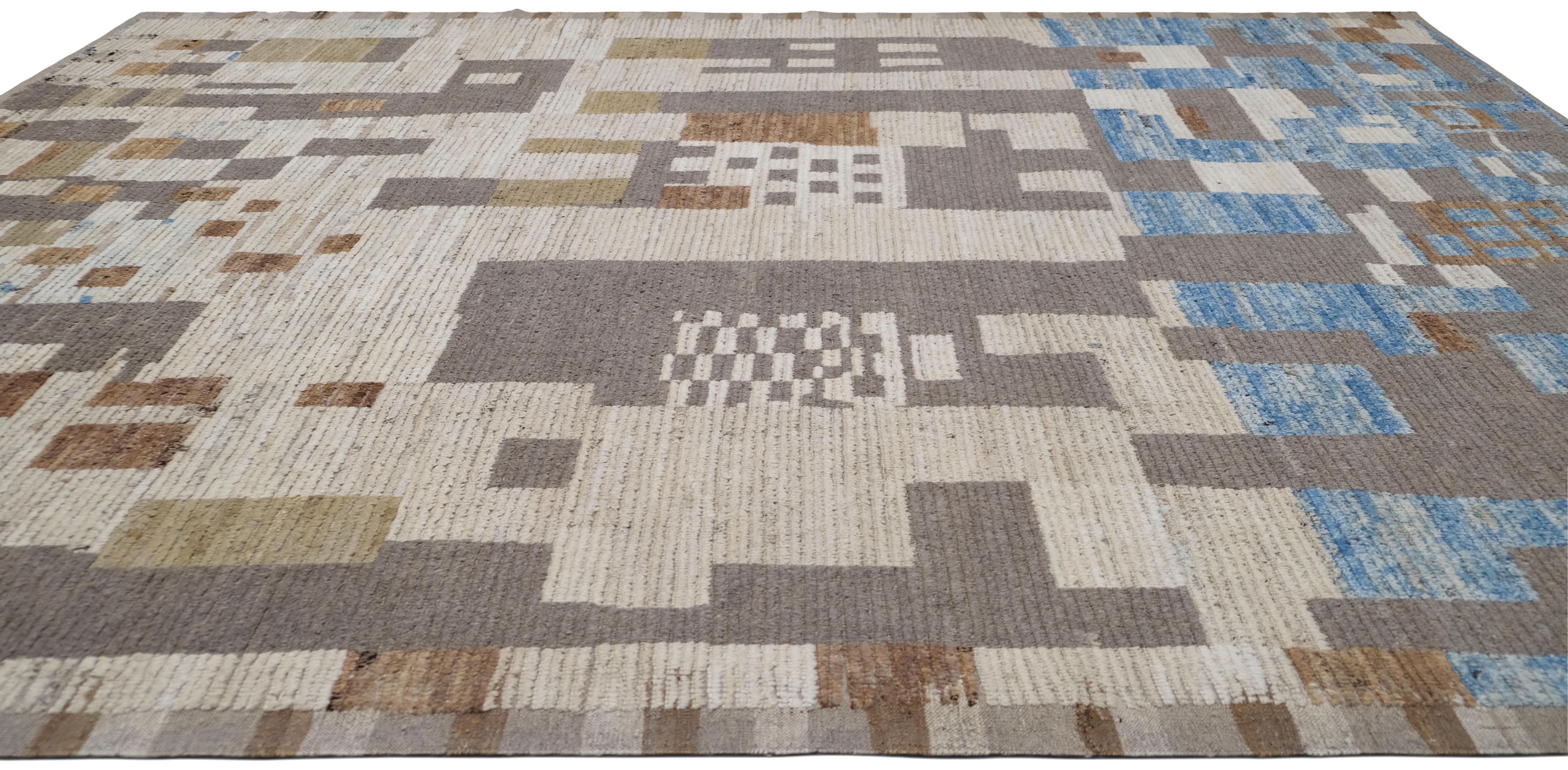 Afghano Tappeto moderno in lana blu e marrone annodato a mano 9'3''x12'6'' in vendita