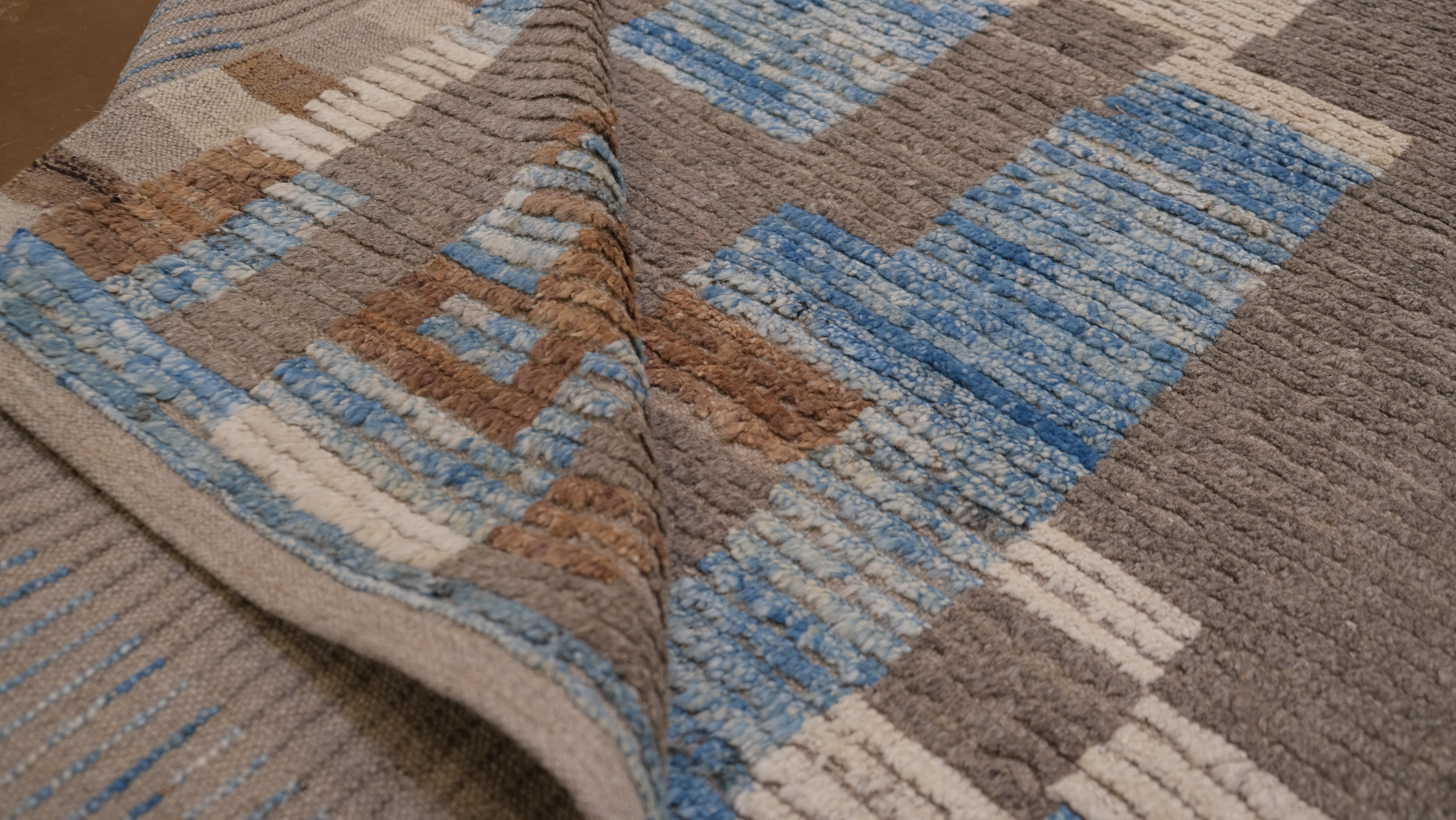 Annodato a mano Tappeto moderno in lana blu e marrone annodato a mano 9'3''x12'6'' in vendita