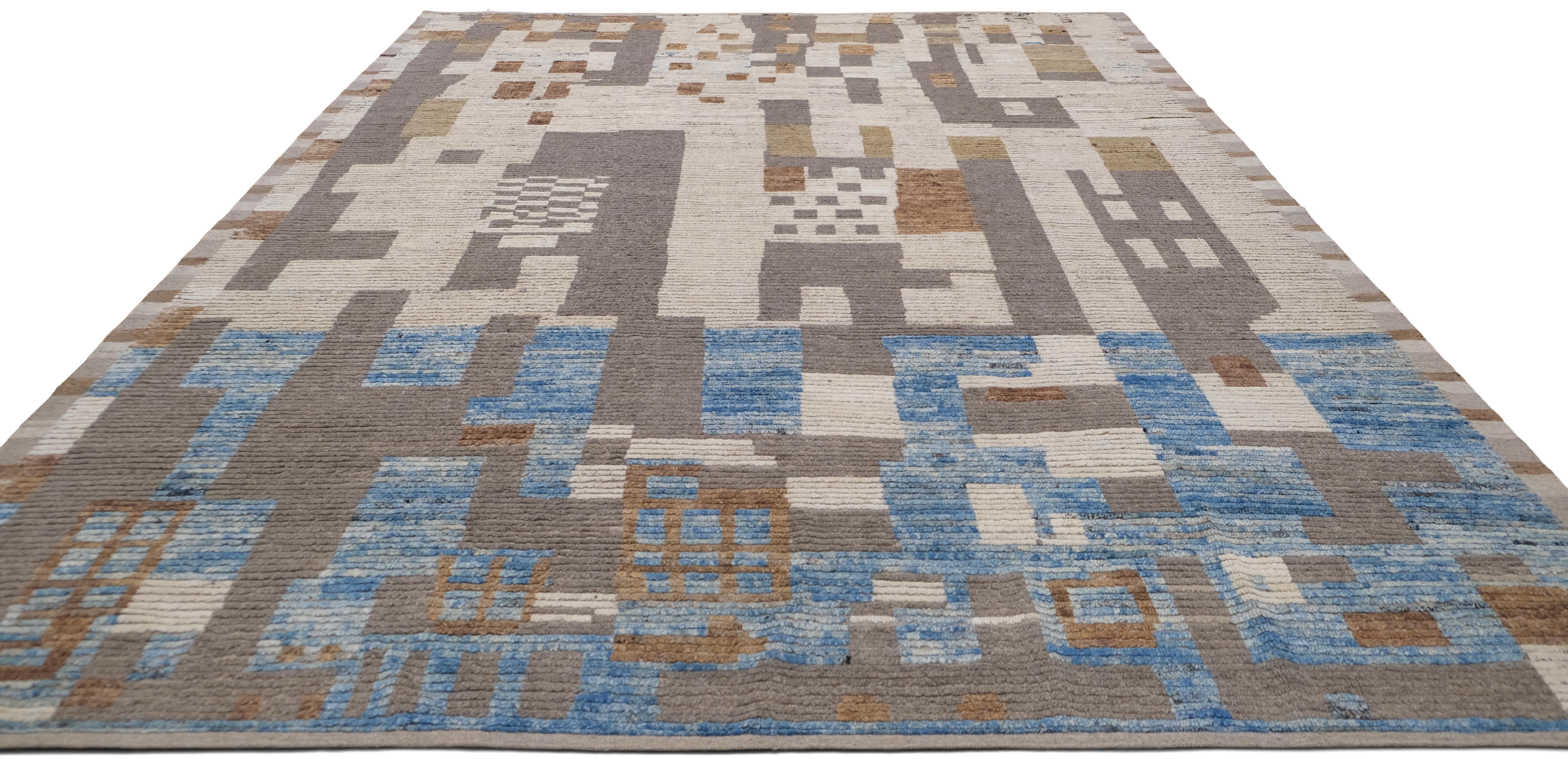 Tappeto moderno in lana blu e marrone annodato a mano 9'3''x12'6'' In condizioni Nuovo in vendita a Torrance, CA