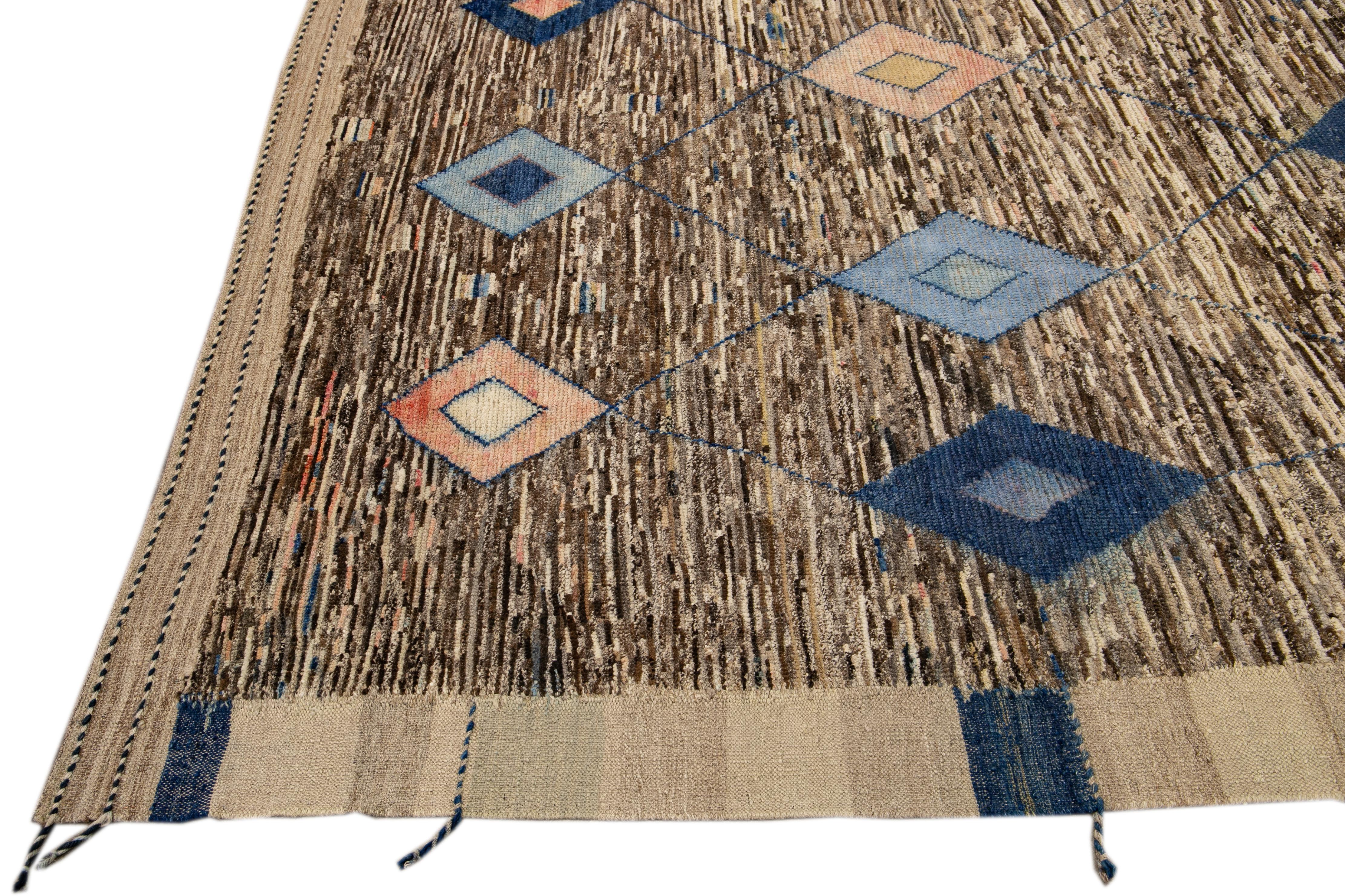 Afghan Modern Blue and Brown Moroccan Style Handmade Tribal Boho Motif Wool Rug For Sale