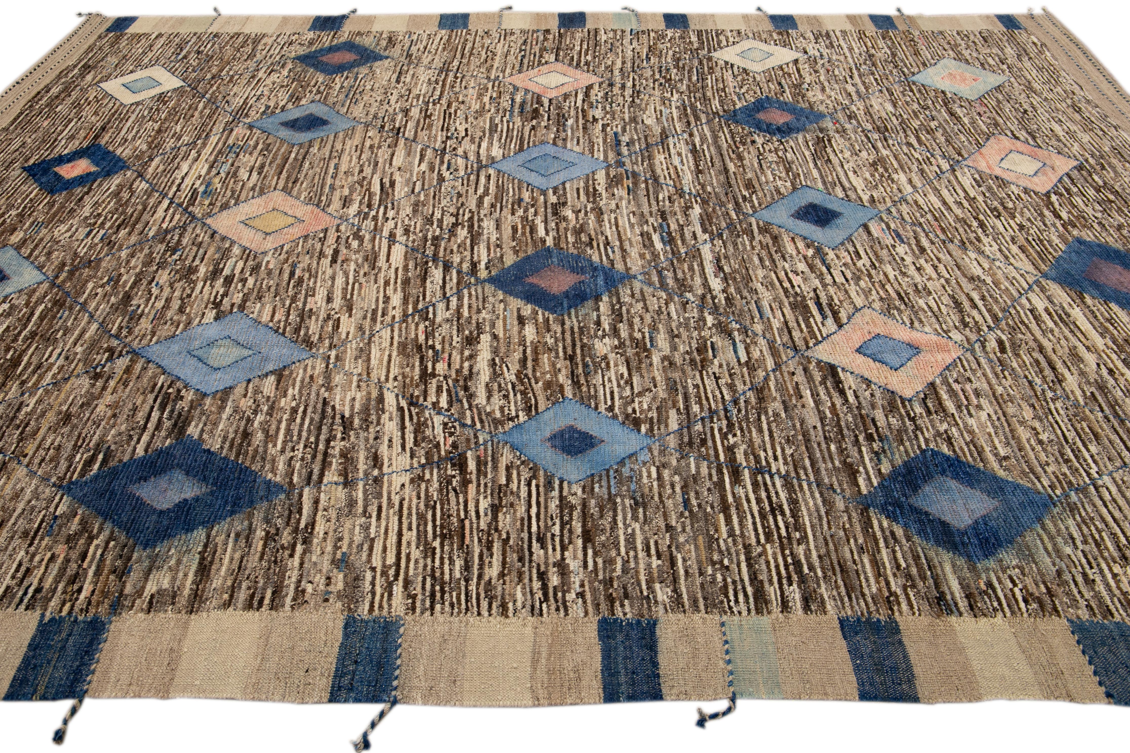 Hand-Knotted Modern Blue and Brown Moroccan Style Handmade Tribal Boho Motif Wool Rug For Sale