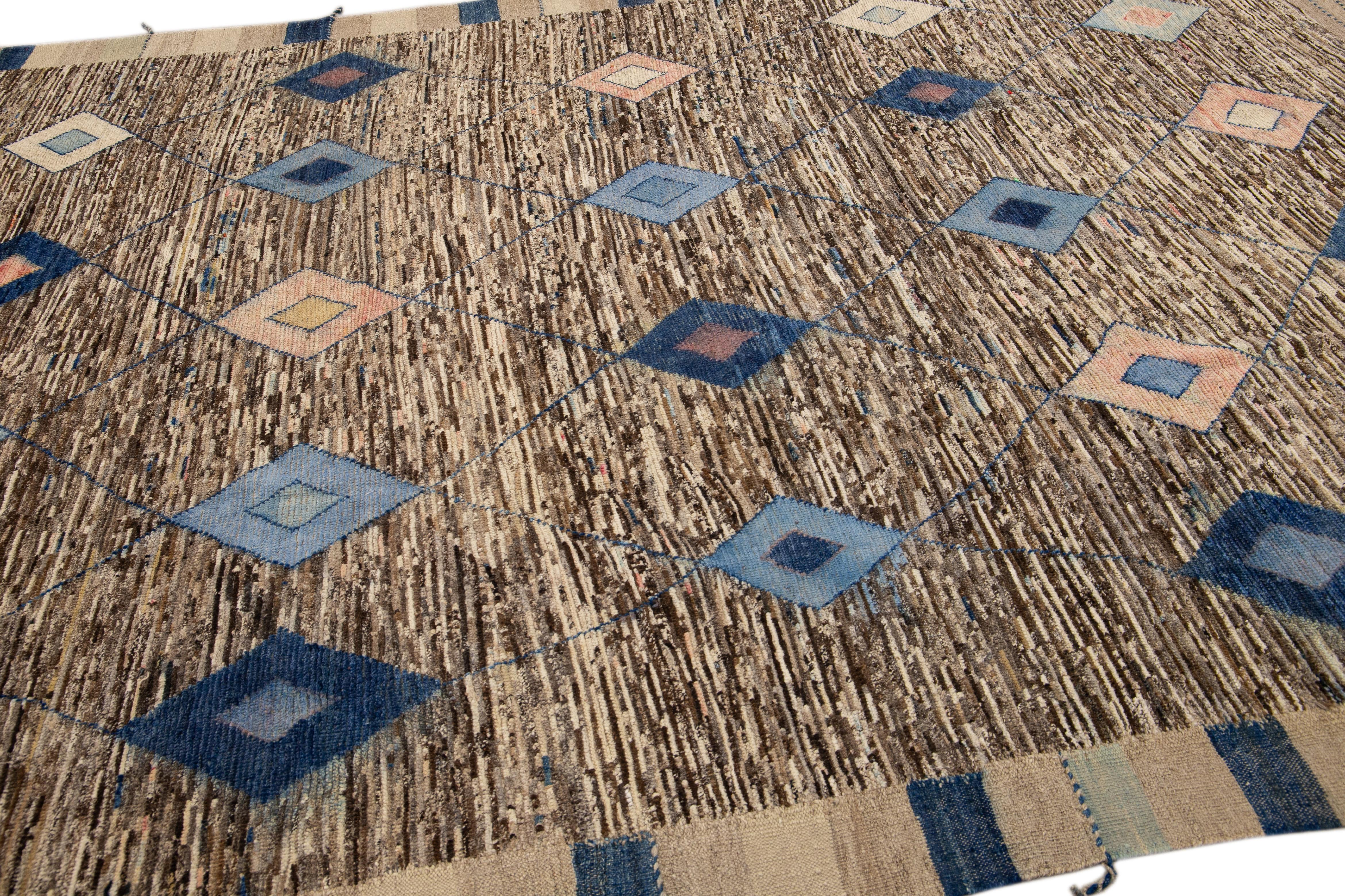 Contemporary Modern Blue and Brown Moroccan Style Handmade Tribal Boho Motif Wool Rug For Sale