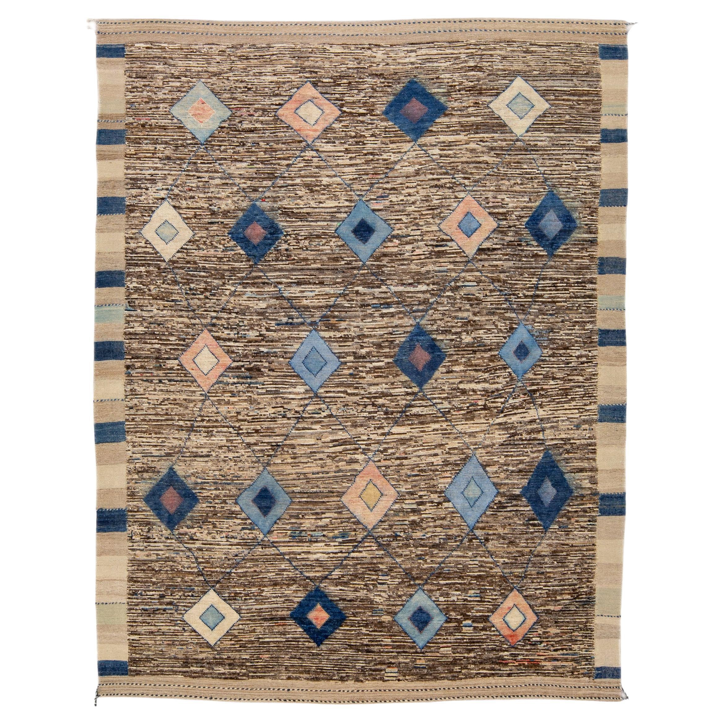 Modern Blue and Brown Moroccan Style Handmade Tribal Boho Motif Wool Rug