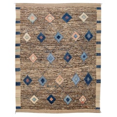 Modern Blue and Brown Moroccan Style Handmade Tribal Boho Motif Wool Rug