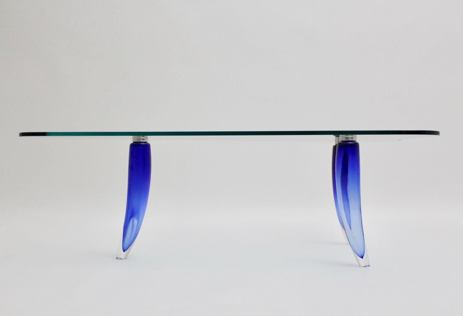 Modern Blue and Clear Vintage Glass Coffee Table Seguso attr. Italy, circa 1980 For Sale 4