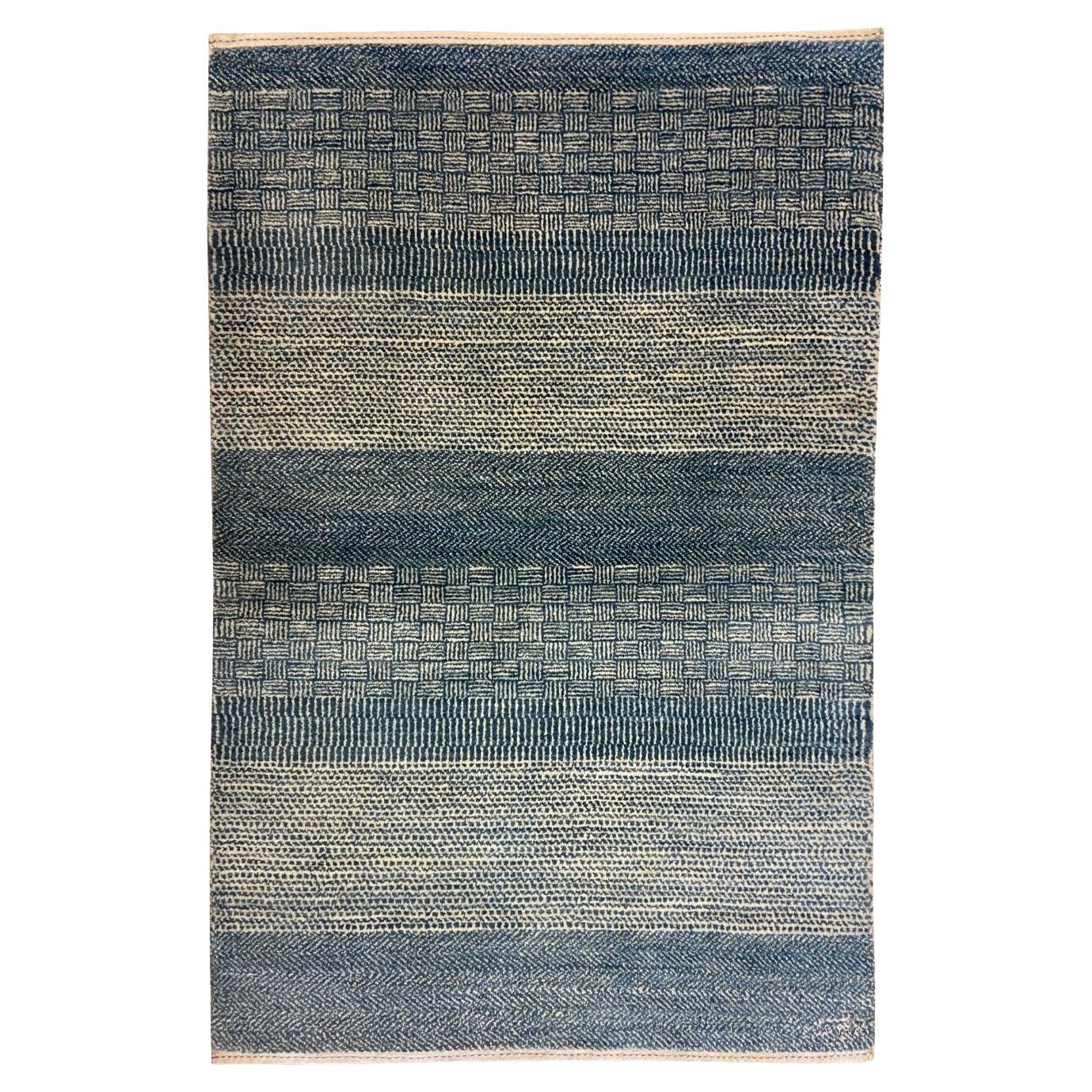 Modern Blue and Cream Wool Persian Rug with Detailed Textured Patterns, 2' x 3'