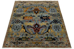 Modern Blue and Gold Bidjar Style Hand-Knotted Wool Rug With Palmette Motifs