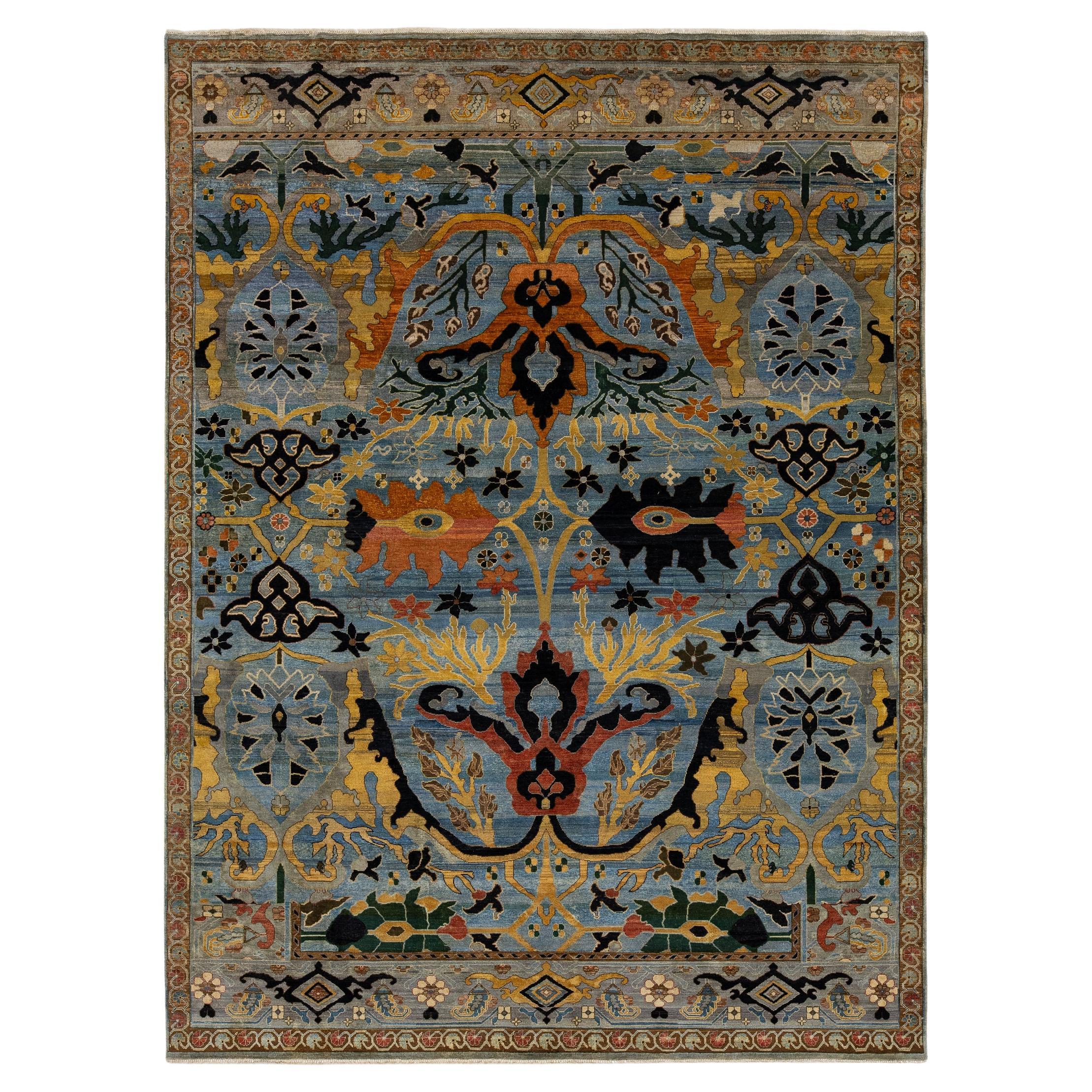 Modern Blue and Gold Bidjar Style Hand-Knotted Wool Rug With Palmette Motifs