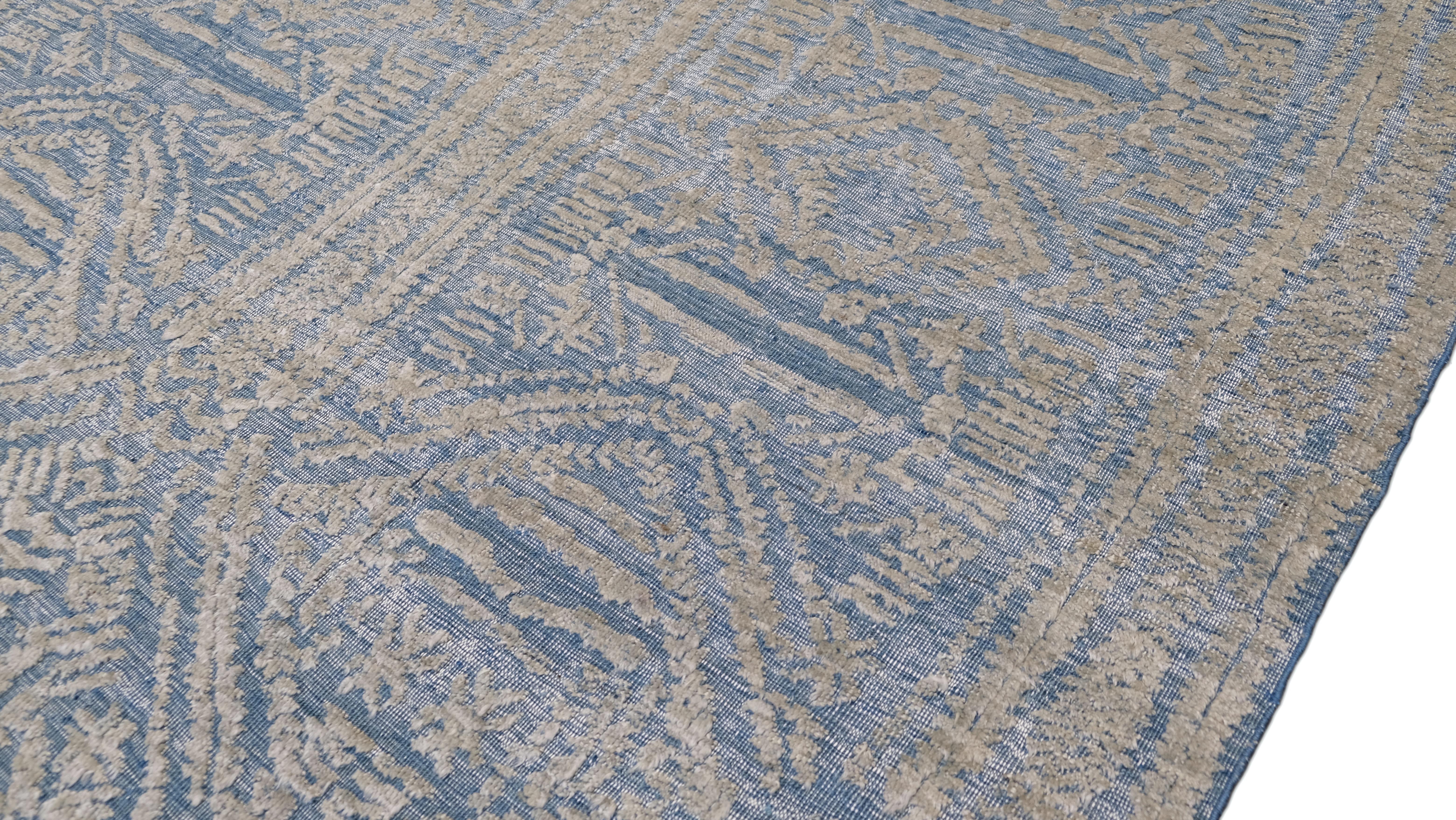 Annodato a mano Tappeto moderno in lana con disegno geometrico blu e grigio 10'1''x12'6'' in vendita