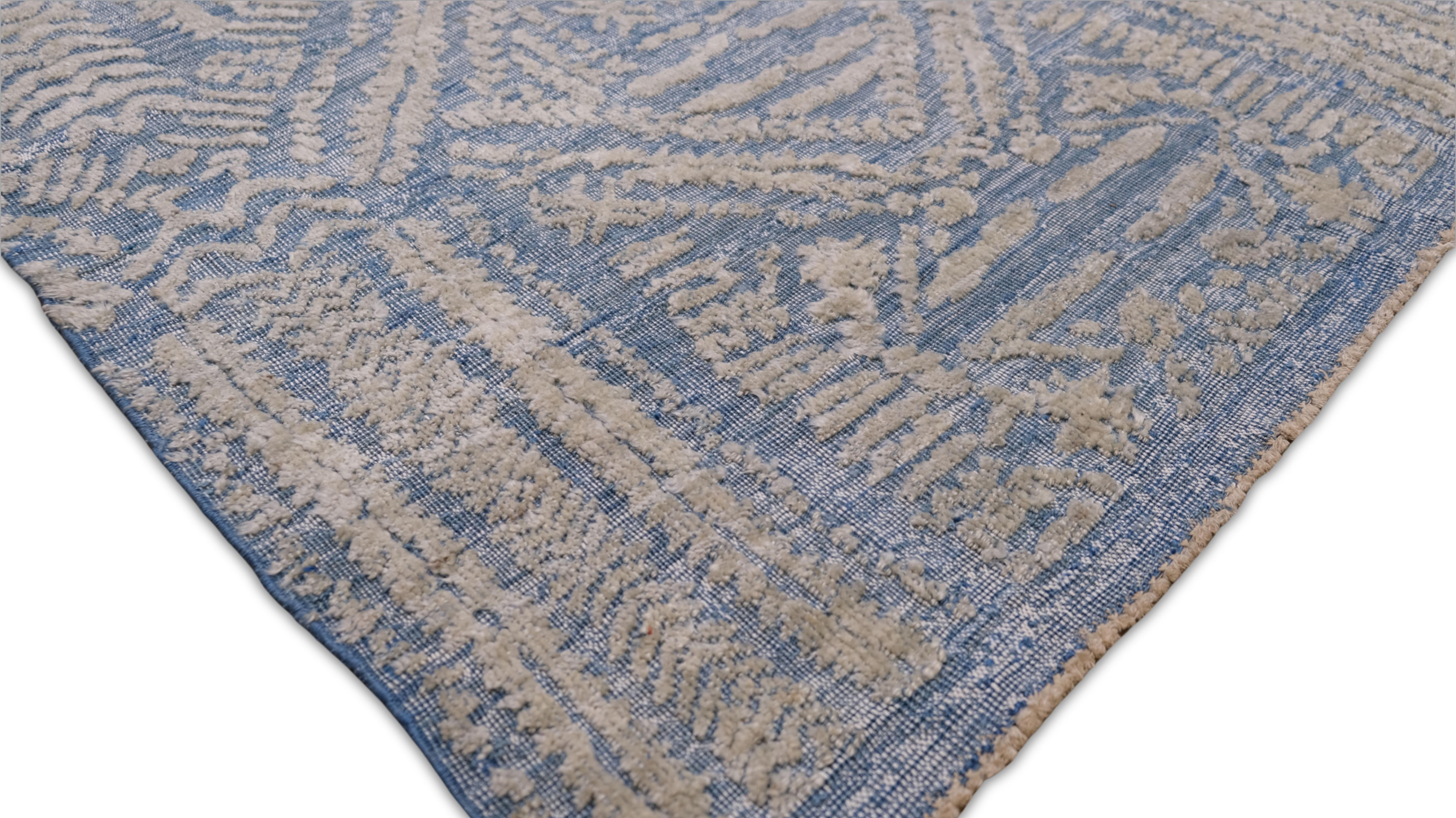 Lana Tappeto moderno in lana con disegno geometrico blu e grigio 10'1''x12'6'' in vendita