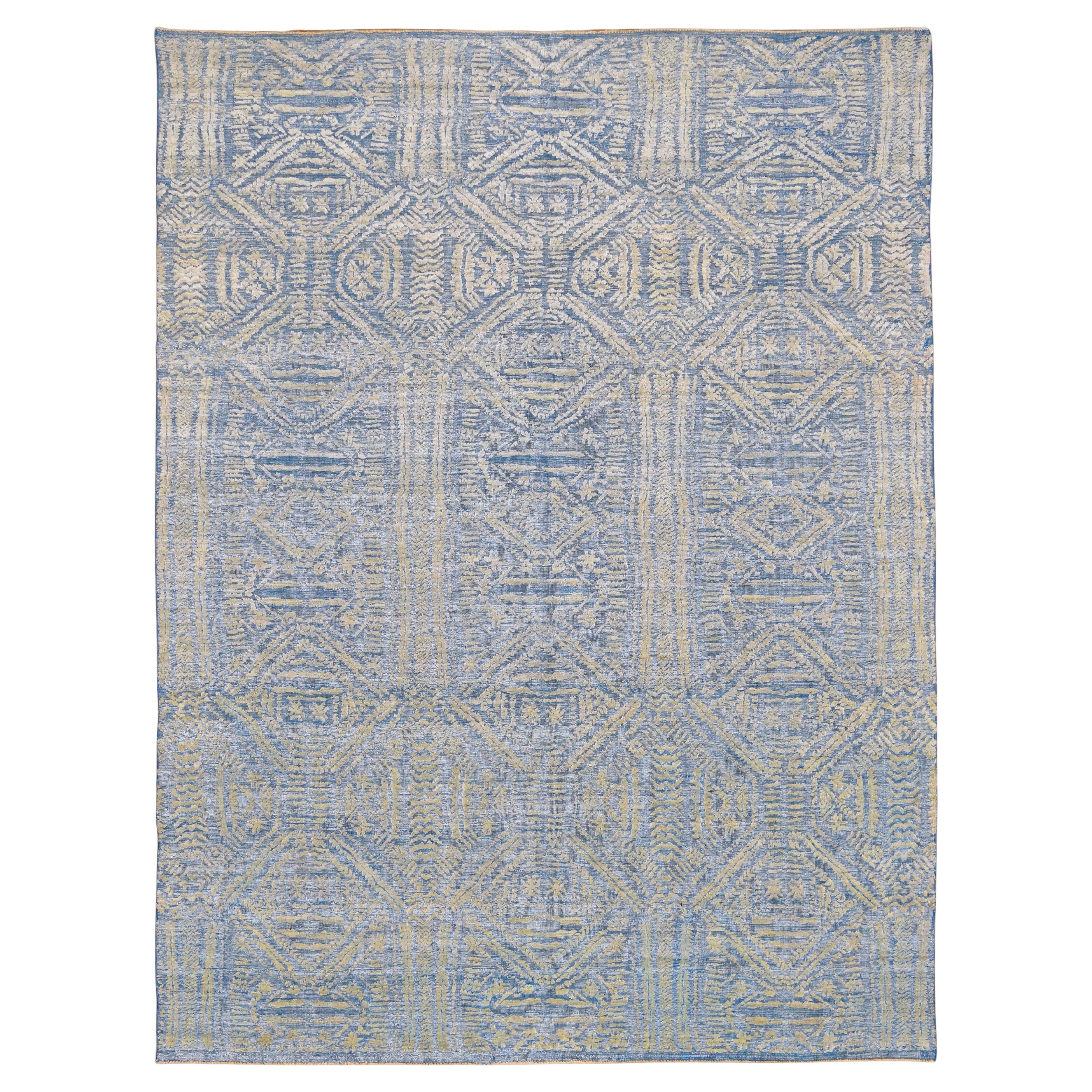 Tapis moderne bleu et gris à motifs géométriques 10'1''x12'6''
