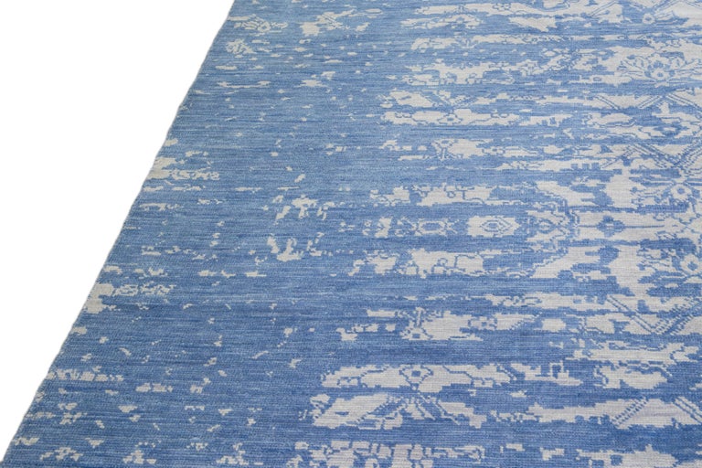 Modern Blue and Gray Handmade Tribal Motif Indian Wool Rug For Sale at