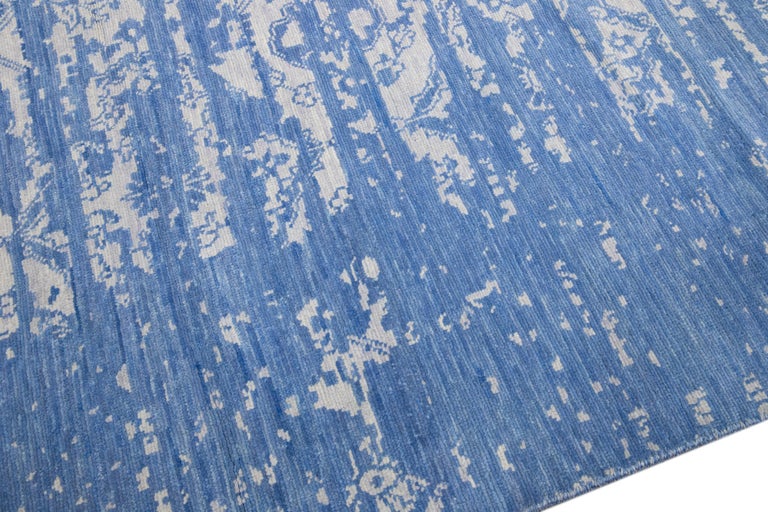 Modern Blue and Gray Handmade Tribal Motif Indian Wool Rug For Sale at