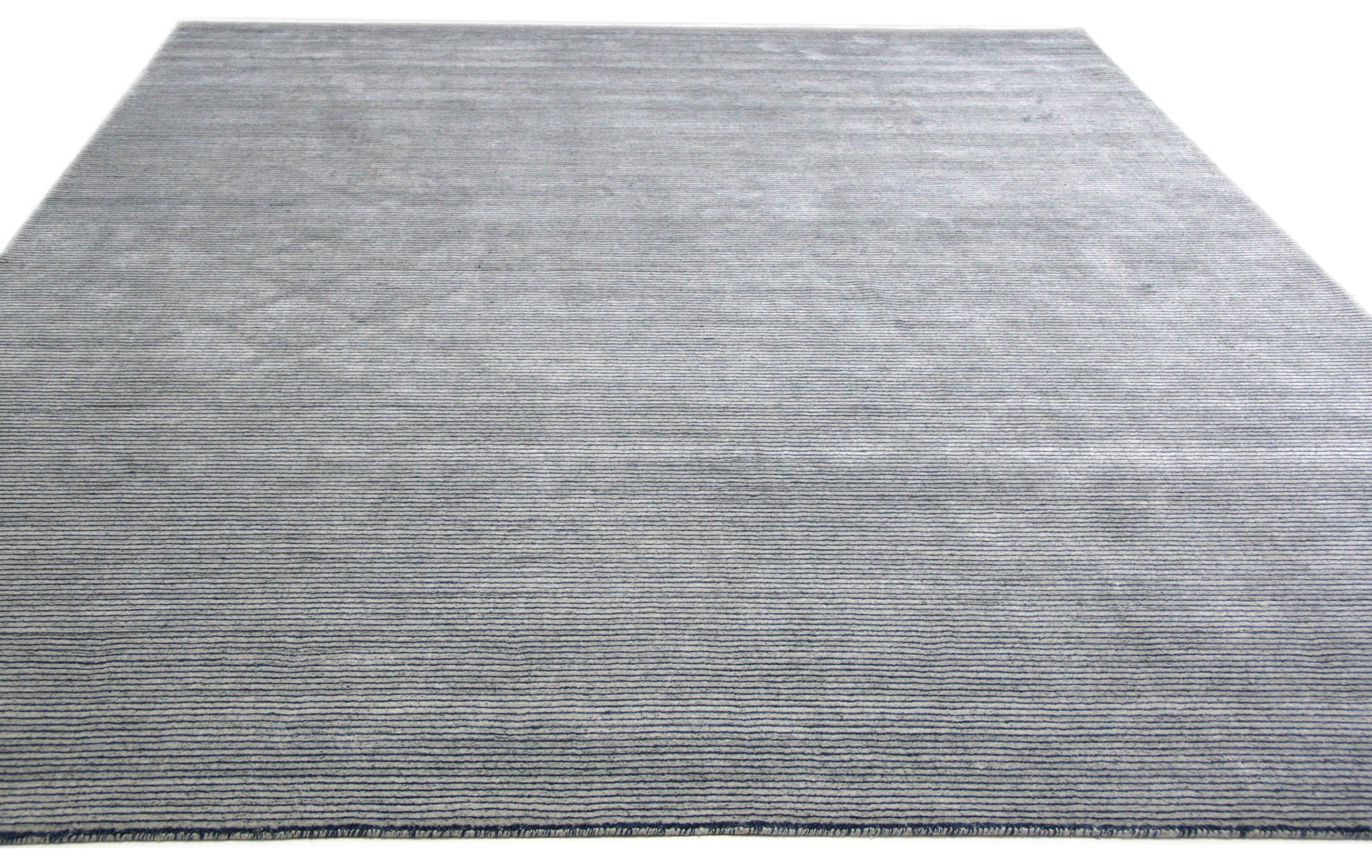 Indian Modern Blue and Gray Stripe Area Rug For Sale