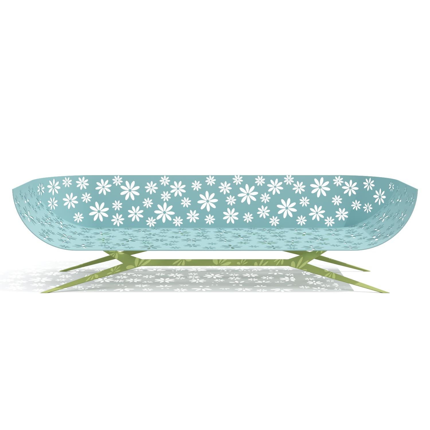 Table basse centrale rectangulaire d'extérieur bleue et verte avec motif floral en vente 8