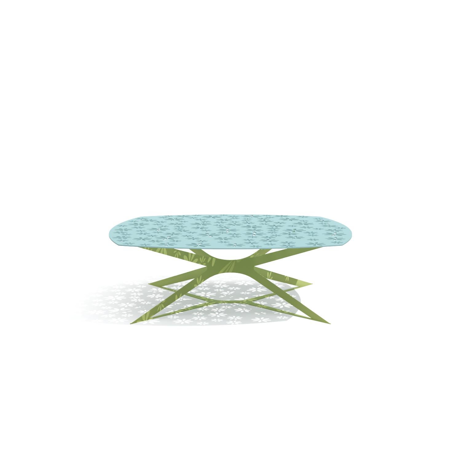 Table basse centrale rectangulaire d'extérieur bleue et verte avec motif floral en vente 11