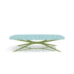 Modern Blue and Green Outdoor Rectangular Center Coffee Table with Floral Design