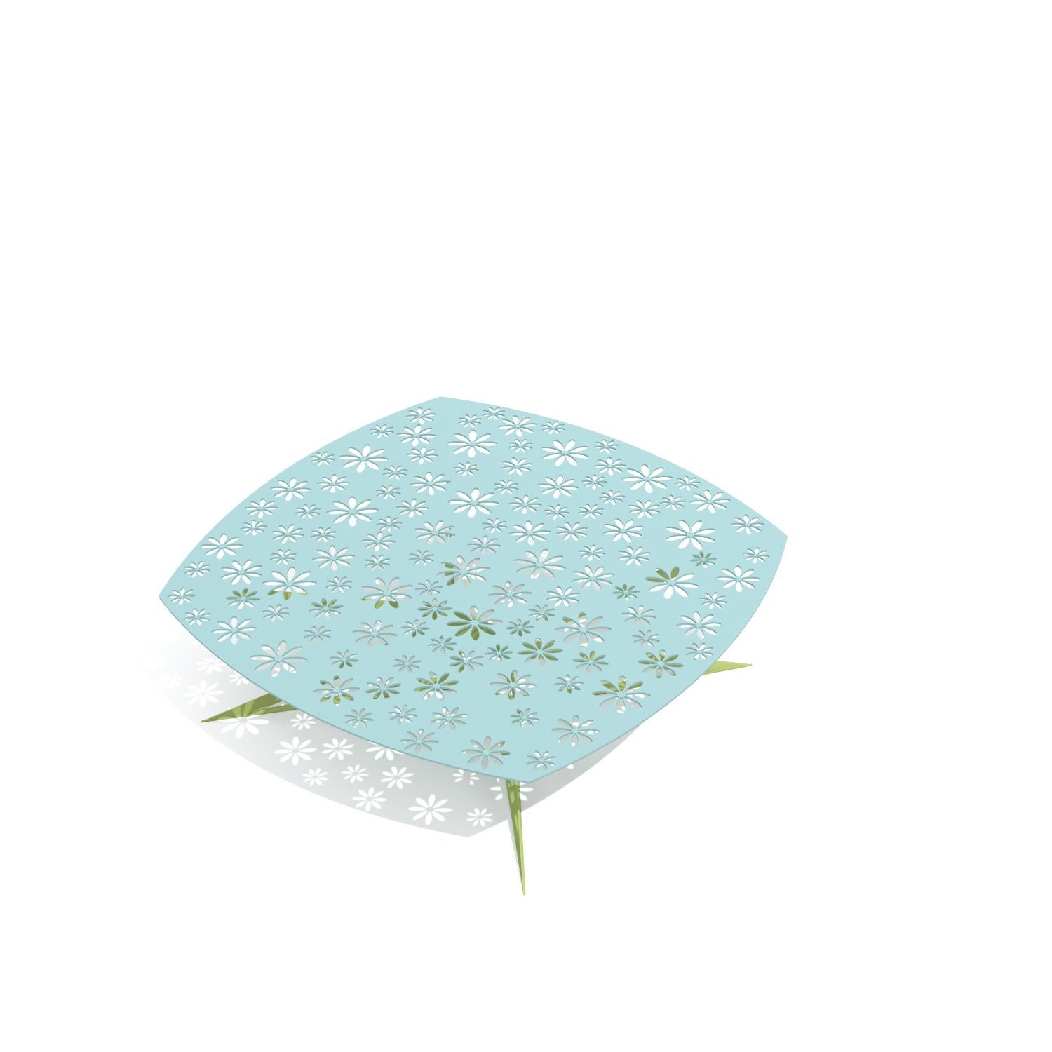 Table basse centrale rectangulaire d'extérieur bleue et verte avec motif floral en vente 12
