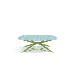 Table basse centrale d'extérieur carrée bleue et verte avec motif floral