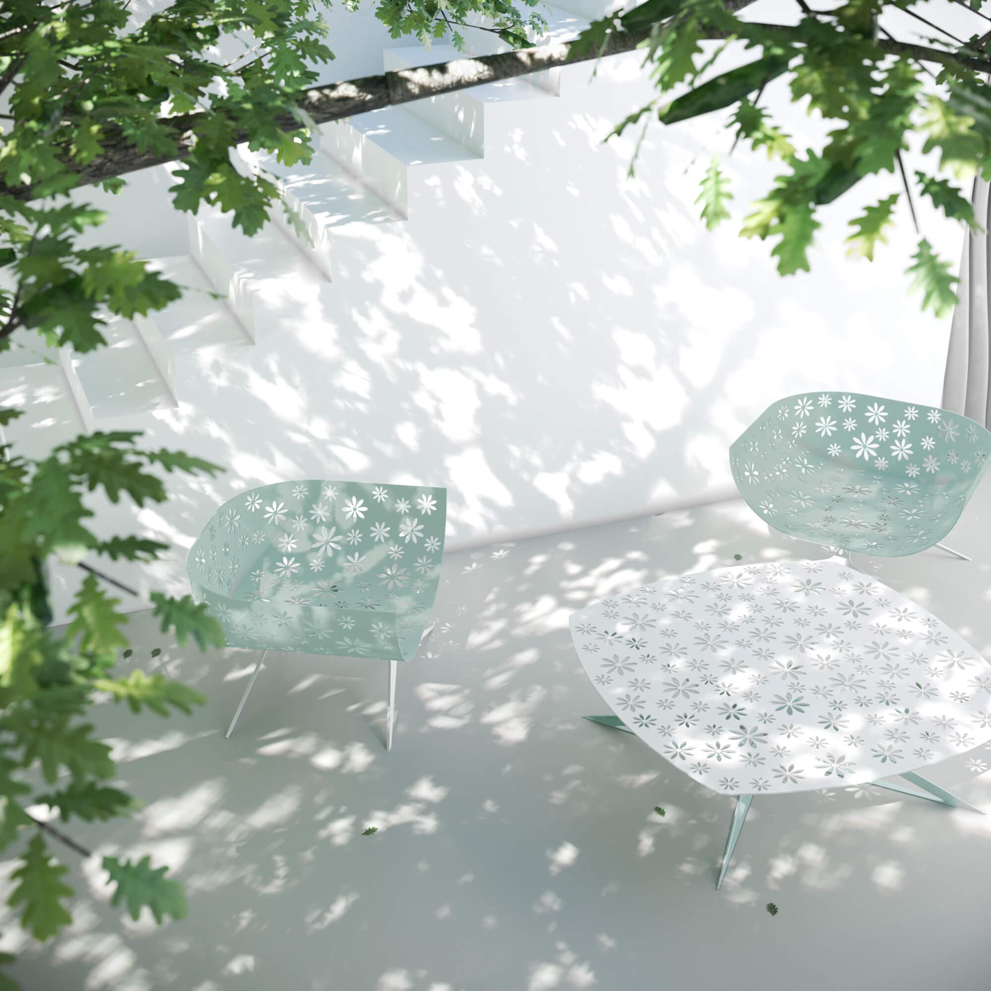 Mesa de centro cuadrada de exterior moderna azul y verde con diseño floral Metal en venta