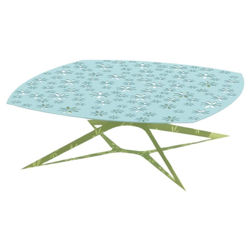 Modern Blue and Green Outdoor Square Center Coffee Table with Floral Design For Sale