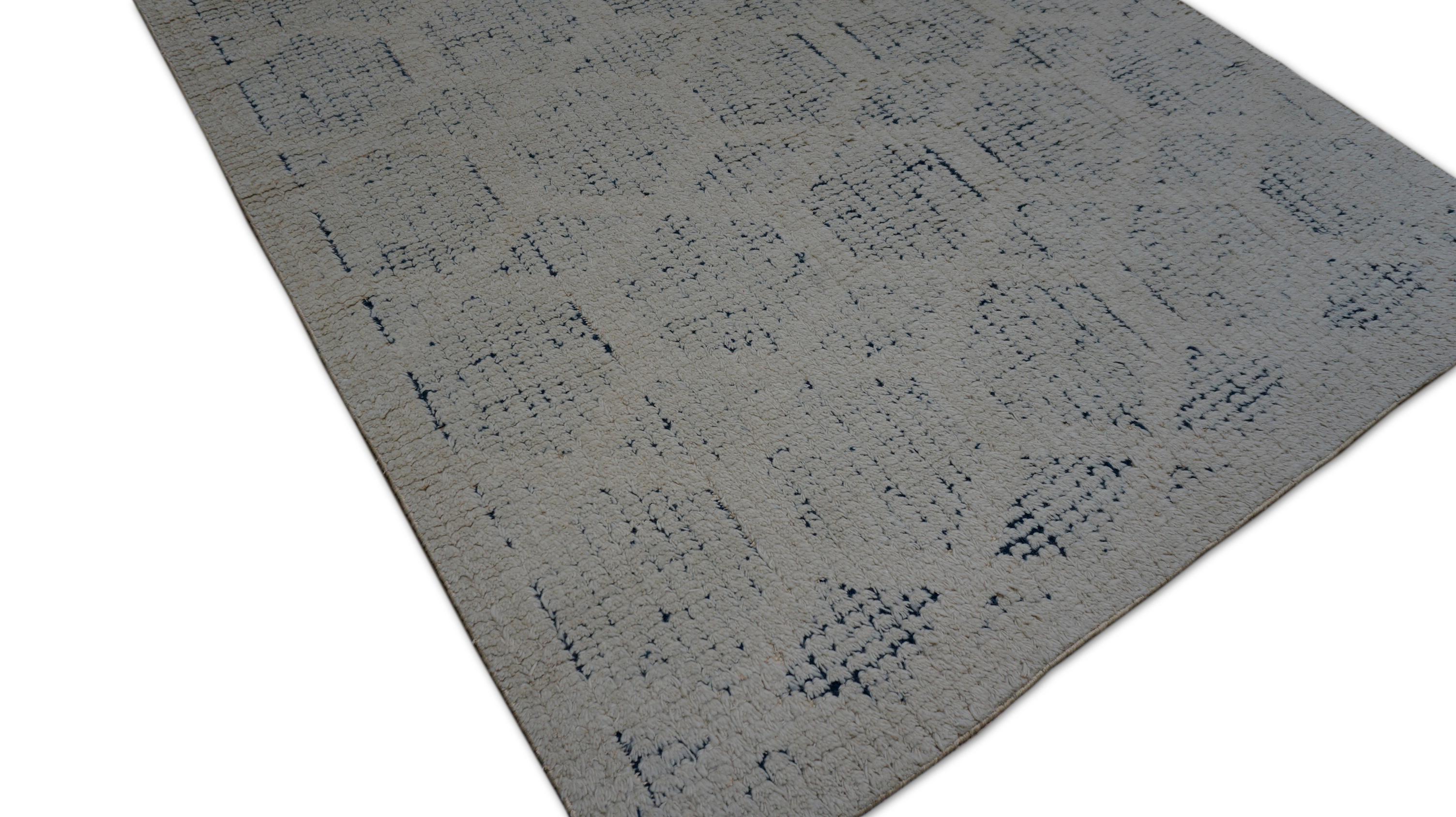 Hand-Knotted Modern Blue and Ivory Honeycomb Patterned Rug 5'2''x8'5'' For Sale