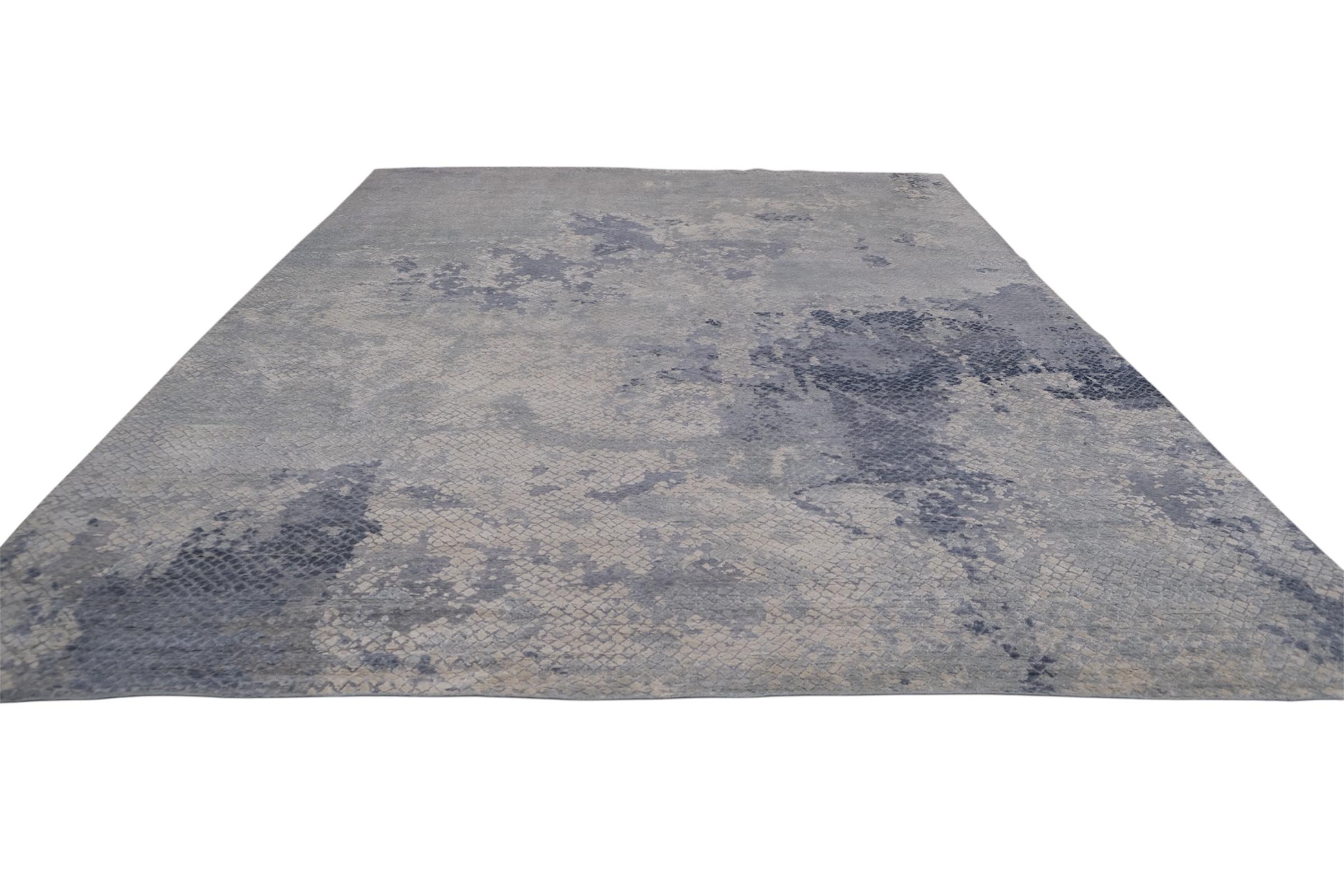 Moderner blauer und elfenbeinfarbener, gemusterter Wollteppich 8'9''x11'10'' (Wolle) im Angebot