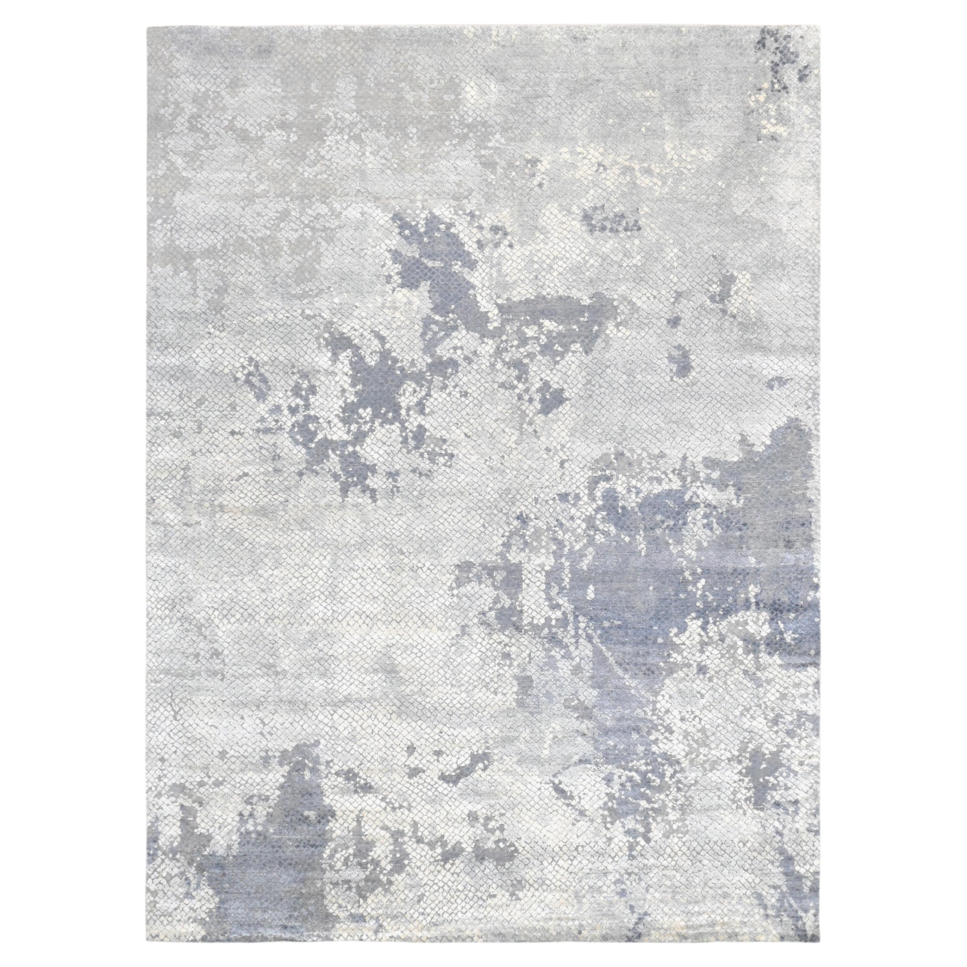 Moderner blauer und elfenbeinfarbener, gemusterter Wollteppich 8'9''x11'10'' im Angebot